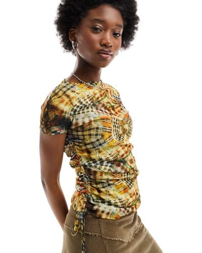 Collusion Abstract Check Cap Sleeve Cut Out Top - Multicolour
