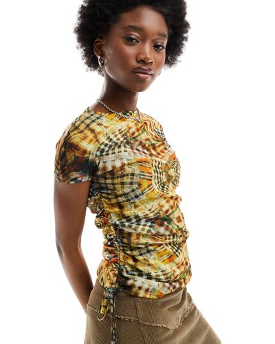 Collusion Abstract Check Cap Sleeve Cut Out Top - Multicolor