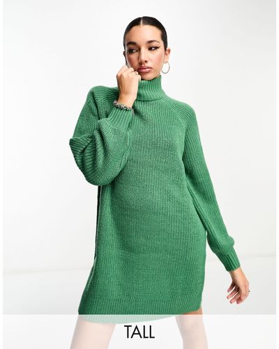 Noisy May High Neck Balloon Sleeve Mini Sweater Dress - Green