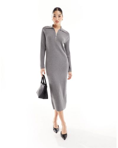 Whistles Bonnie Zip Ribbed Knit Midi Dress - Grey