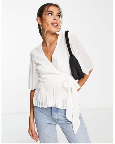 ASOS Dobby Wrap Short Sleeve Blouse With Pleated Peplum Hem - White