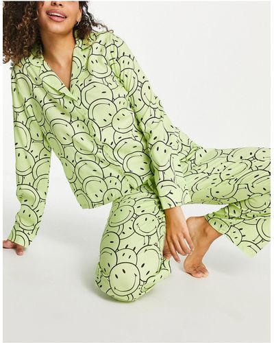 ASOS Smiley Cotton Long Sleeve Shirt & Trouser Pyjama Set - Green