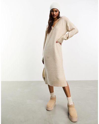 Y.A.S V Neck Knitted Sweater Dress - Natural
