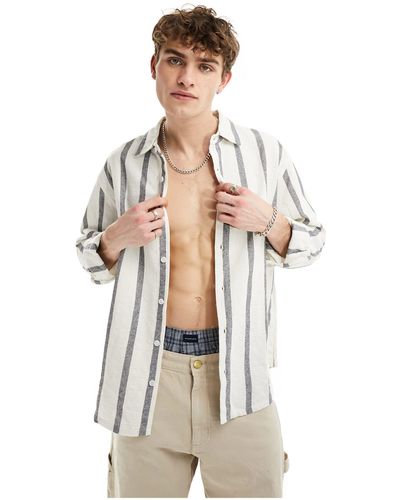 Pull&Bear Revere Neck Long Sleeve Stripe Shirt - White