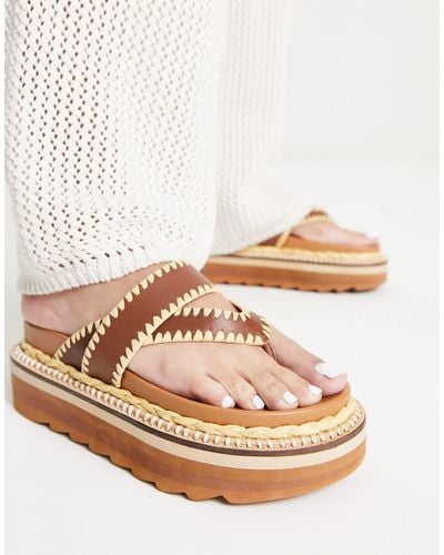 ASOS Fiesta Leather Toe Thong Platform Flat Sandals - Natural