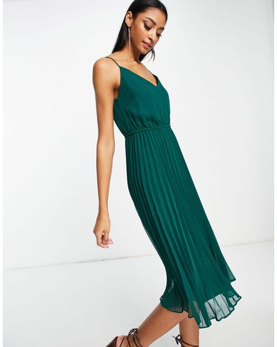 ASOS Pleated Cami Midi Dress With Drawstring Waist - Green