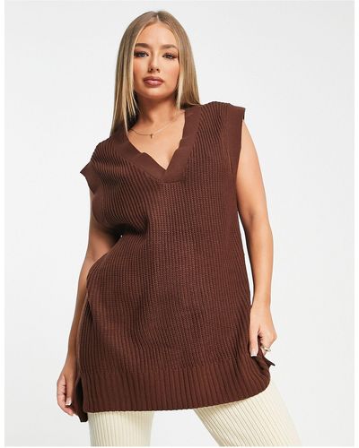 Threadbare Chestnut - maglione oversize senza maniche cioccolato con scollo a v - Marrone
