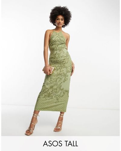 ASOS Asos Design Tall Embellished High Neck Midi Dress With Mirror Beading Detail - Green