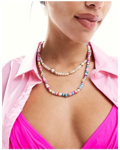South Beach Double Layer Beaded Festival Necklace - Pink