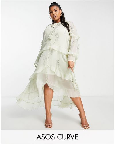 ASOS Asos Design Curve Ruffle Midi Dress With Floral Embellishment And Tie Details - Green