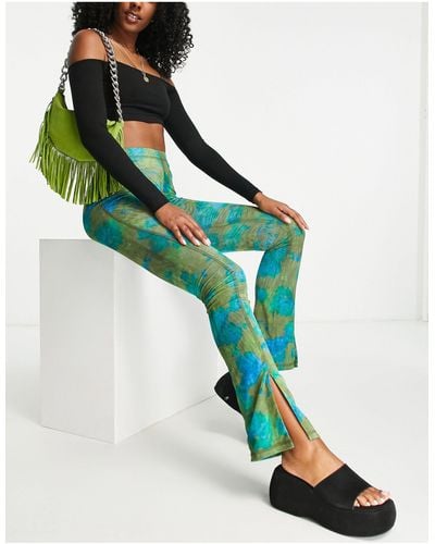 TOPSHOP Floral Mesh Seam Skinny Flare Trouser With Front Hem Splits - Green