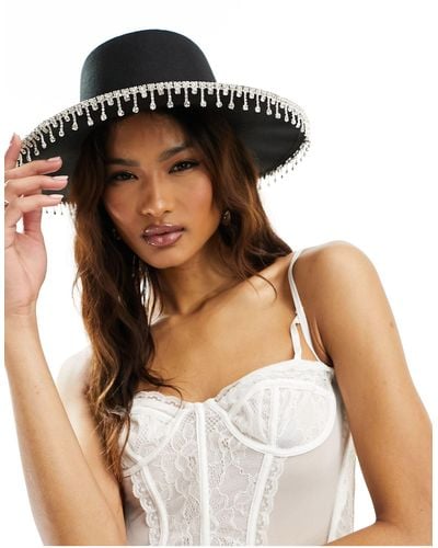 South Beach Bridal Wide Brim Hat With Embellished Trim - White