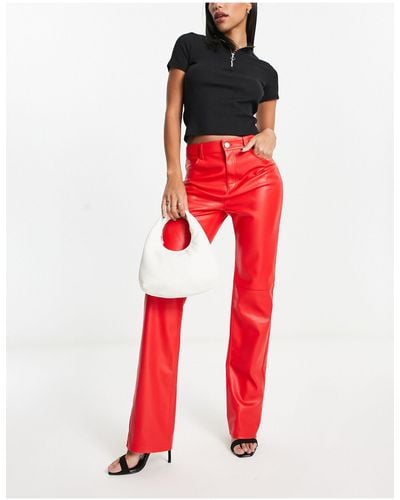 Monki Faux Leather Straight Leg Trousers - Red