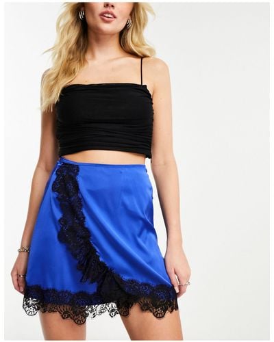Naanaa Satin Wrap Mini Skirt With Lace Trim - Blue