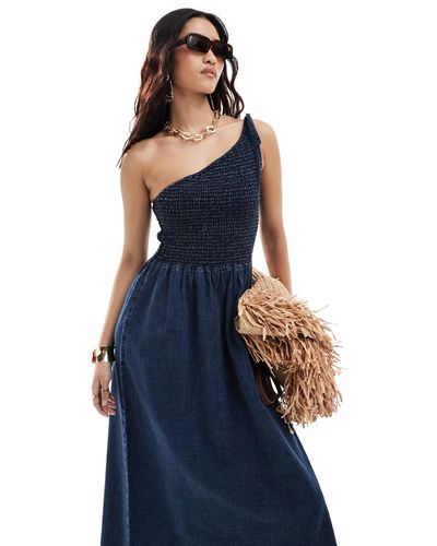 ASOS Soft Denim Midi Dress With Asymmetric Neckline - Blue
