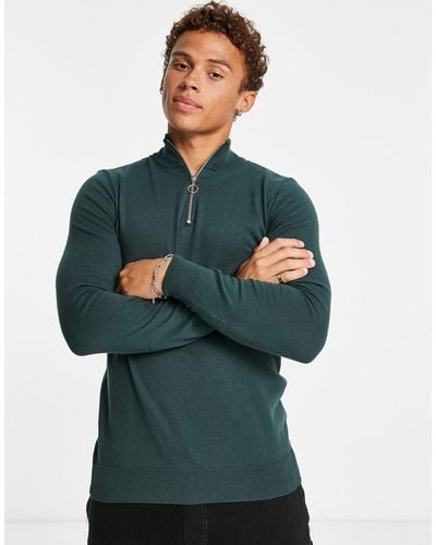 New Look Slim Fit Zip Funnel Neck Knitted Sweater - Green