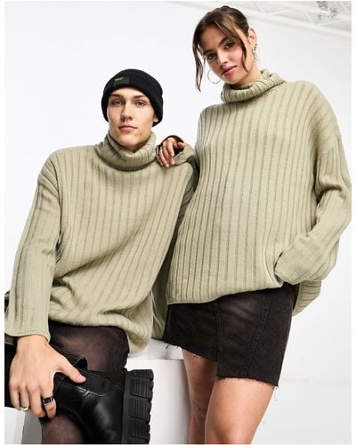 Collusion Unisex Knitted Ribbed Oversized Rollneck Jumper - Natural