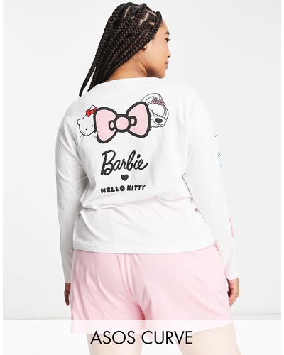 ASOS Asos Design Curve - Barbie X Hello Kitty - Pyjamaset Met T-shirt Met Lange Mouwen En Short - Roze