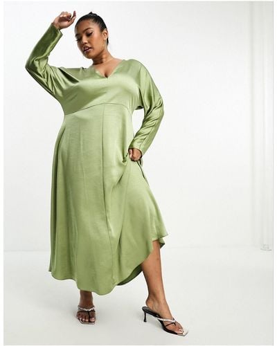 ASOS Asos Design Curve - Satijnen Midi-jurk Met V-hals En Lange Mouwen - Groen
