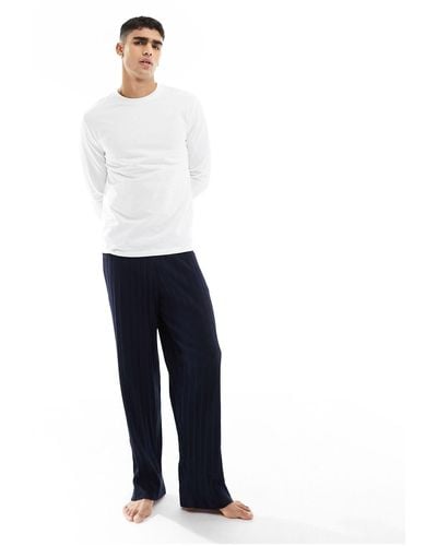ASOS Pajama Set With Long Sleeve White T-shirt And Ribbed Bottoms - Blue