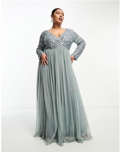 Beauut Plus Bridesmaid Wrap Front Maxi Dress With Mutli Colored Embroidery And Embellishment - Blue