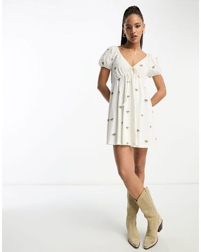 ASOS Embroidered V Neck Mini Dress With Mushroom Embroidery - White
