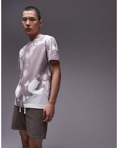 TOPMAN Oversized Fit T-shirt With All Over Floral Print - Gray