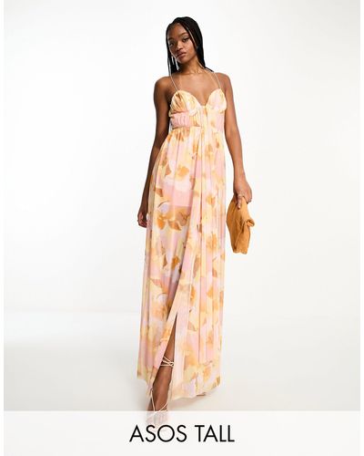 ASOS Asos Design Tall Cami Mesh Maxi Dress With Sash - Natural