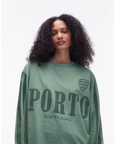 TOPSHOP Graphic Long Sleeve Porto Sporty Skater Tee - Green