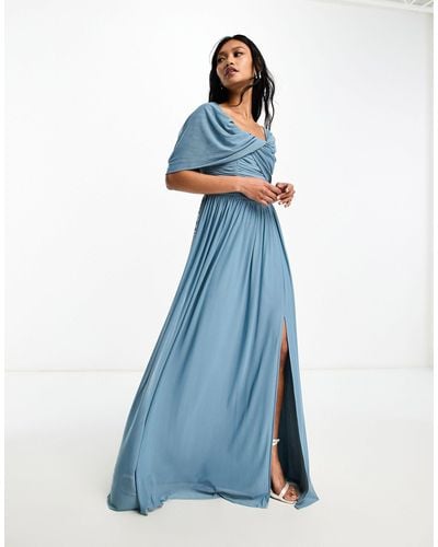 Little Mistress – bridesmaids – gerafftes maxi-brautjungfernkleid aus em netzstoff mit carmen-ausschnitt - Blau