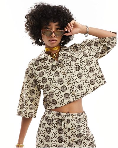 Native Youth Embroidered Crop Boxy Shirt Co-ord - Natural