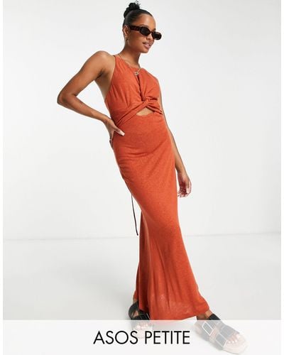 ASOS Asos design petite - robe mi-longue moulante sans manches à devant torsadé - rouille - Orange