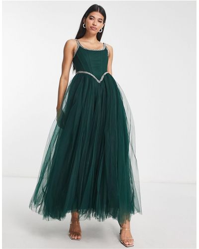 LACE & BEADS Esclusiva - vestito lungo a corsetto smeraldo con decorazioni - Verde