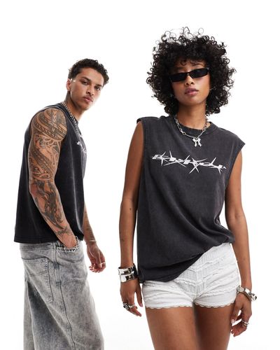 Weekday Unisex Boxy Tank Top With Barbed Wire Text Graphic Print - Black