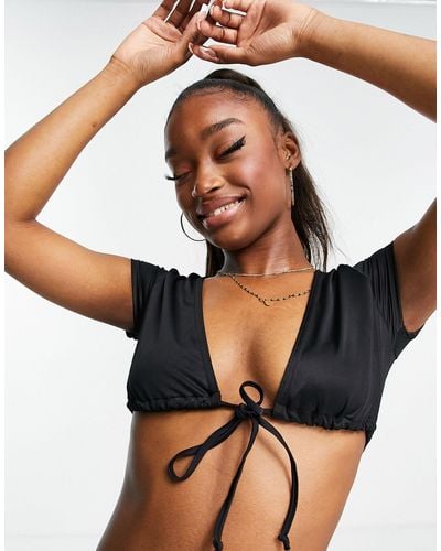 Missguided Tie Front T-shirt Bikini Top With Plunge Neck - Black
