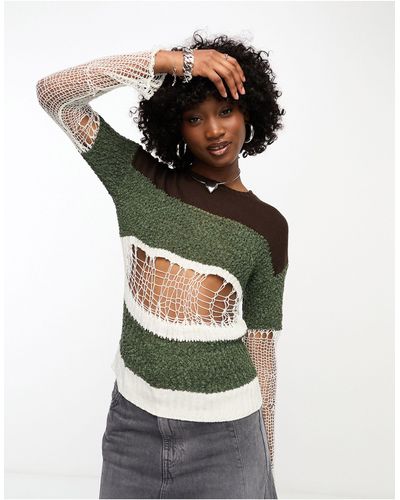 Collusion Knit Stripe Jumper With Ladder Detail - Green