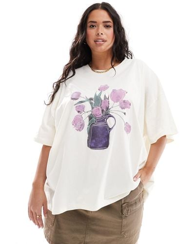ASOS Asos Design Curve Oversized T-shirt With Embroidered Tulip Graphic - White