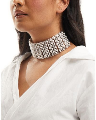 ASOS Limited Edition Choker Necklace With Faux Pearl And Crystal Cupchain - Metallic