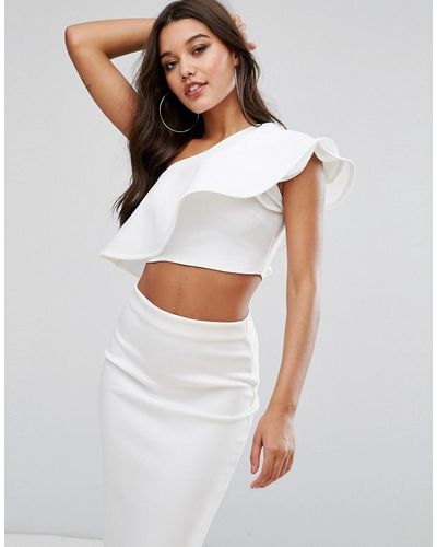 Club L One Shoulder Ruffle Structured Detail Top - White