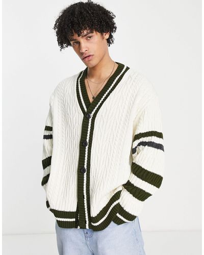 ASOS Knitted Cable Cardigan With Collegiate Stripes - White