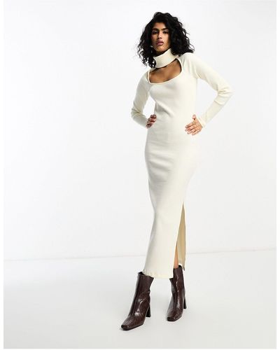 ASOS Supersoft Rib Long Sleeve Fitted Midi Dress With Choker Detail - White