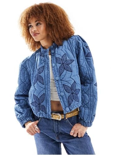 Free People Quilted Patch Insert Denim Jacket - Blue
