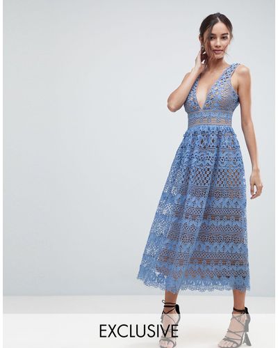 Boohoo Exclusive Lace Midi Dress - Blue