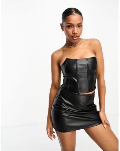 Pull&Bear Faux Leather Corset Top Co-ord - Black