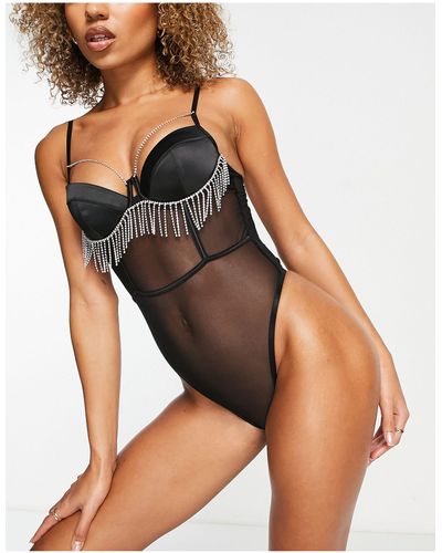 ASOS Crystal Satin And Mesh Underwired Body With Diamante Fringing - Black