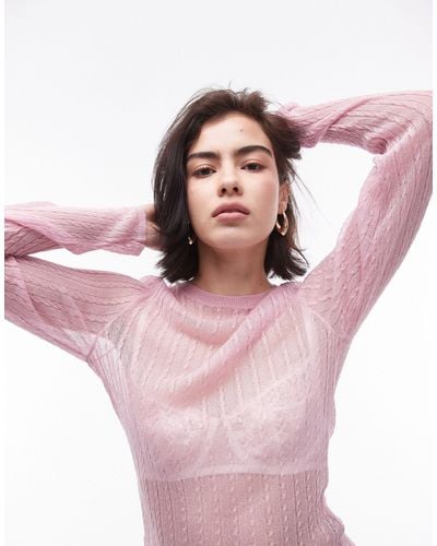 TOPSHOP Knitted Sheer Long Sleeve Top - Pink