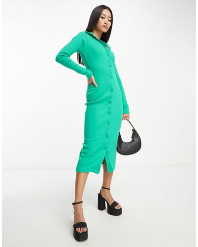 In The Style X Billie Faiers Ribbed Ruched Midi Dress - Green
