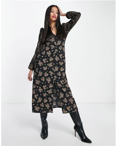 New Look Midi-jurk Met Split, Lange Mouwen En Fijne Bloemenprint - Zwart