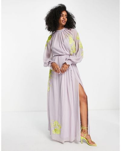 ASOS High Neck Maxi Dress With Tie Waist Detail And Stencil Floral Embroidery - Purple