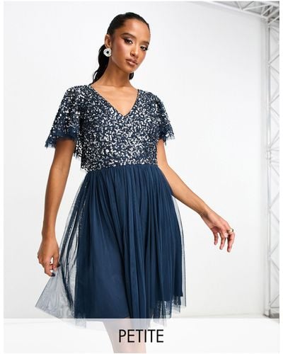 Beauut Petite Bridesmaid Embellished Mini Dress With Flutter Detail - Blue